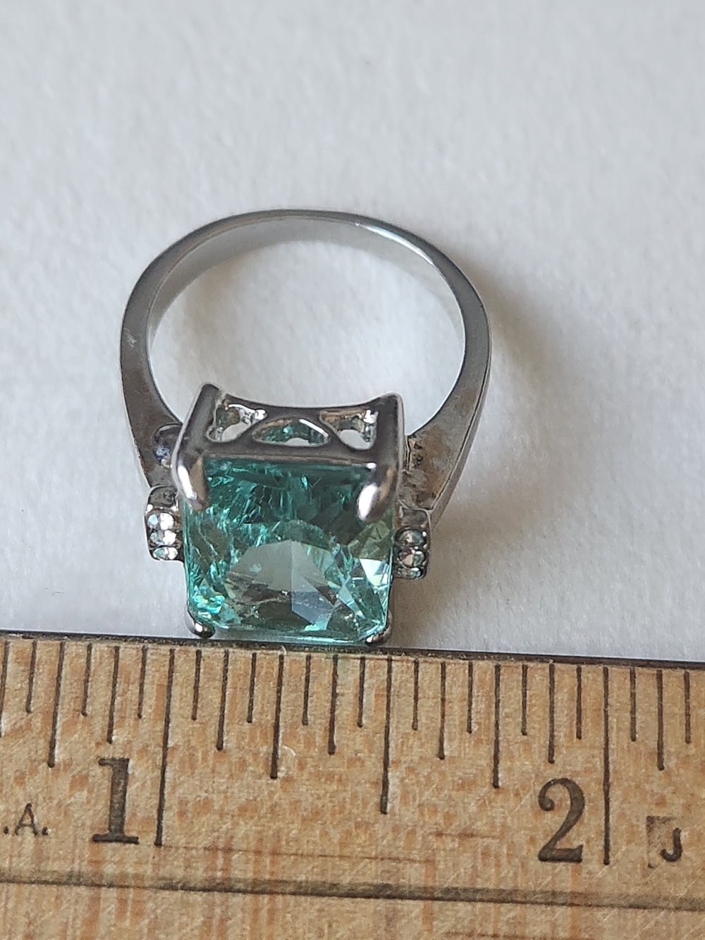 Vintage 925 Sterling Silver Statement Ring Aqua Blue Emerald-Cut Glass Stone 9.7 - Picture 8 of 8